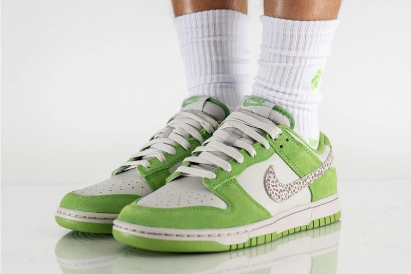 Yankee Kicks On Feet Photos look of the Nike Dunk Low Safari Swoosh Chlorophyll white green light iron stone release info date price