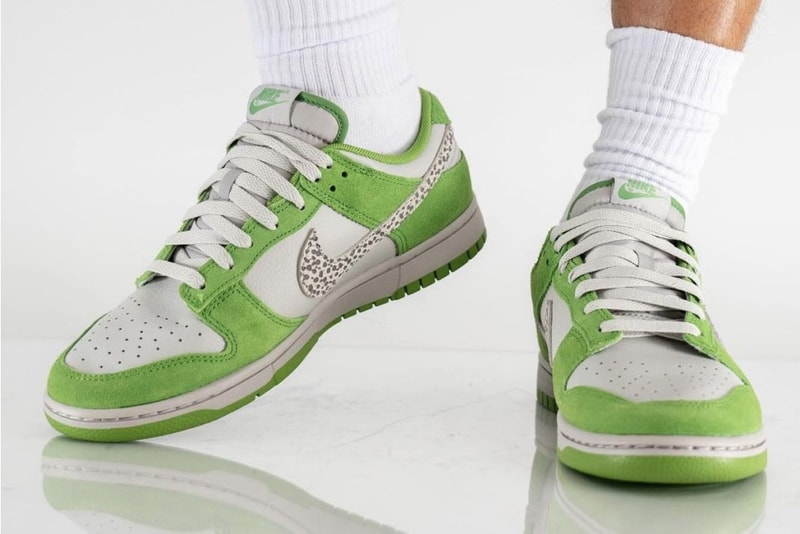 Yankee Kicks On Feet Photos look of the Nike Dunk Low Safari Swoosh Chlorophyll white green light iron stone release info date price