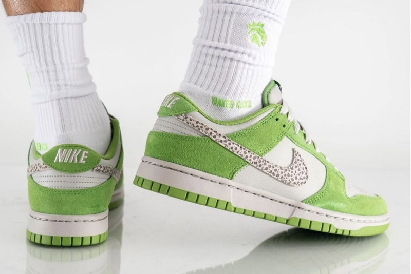 Yankee Kicks On Feet Photos look of the Nike Dunk Low Safari Swoosh Chlorophyll white green light iron stone release info date price