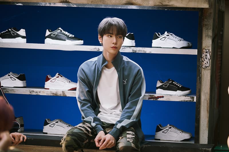 puma nct 127 slipstream campaign behind the scenes white black 1980s retro sneaker basketball k-pop vintage photocard