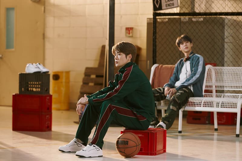 puma nct 127 slipstream campaign behind the scenes white black 1980s retro sneaker basketball k-pop vintage photocard