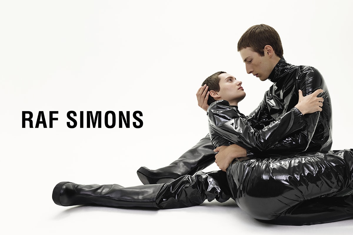 Raf Simons FW22 Campaign Is Unmistakably Intimate fall winter 2022 prada bomber jackets black blousan patent lather latex sexual intimacy kissing