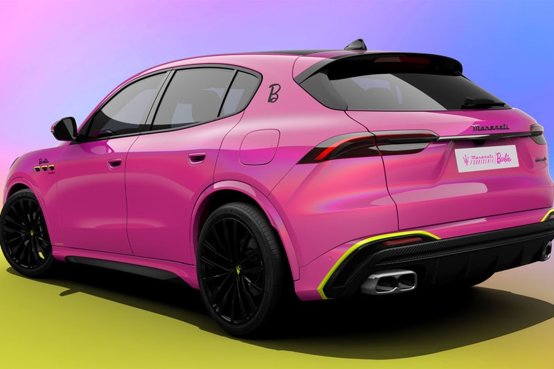 Maserati Barbie collaboration grecale suv pink black mattel break boundaries barbiecore dream 2023 B badge iridescent rainbow gap project release info images