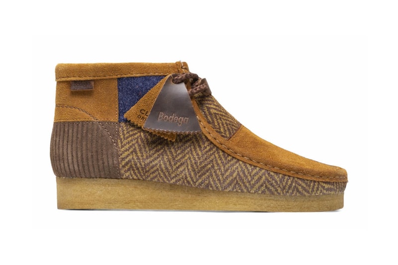Bodega Clarks Originals Wallabee brown gum fabric tag herringbone patchwork release info date price