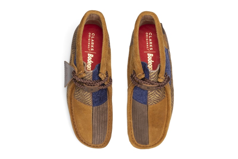 Bodega Clarks Originals Wallabee brown gum fabric tag herringbone patchwork release info date price