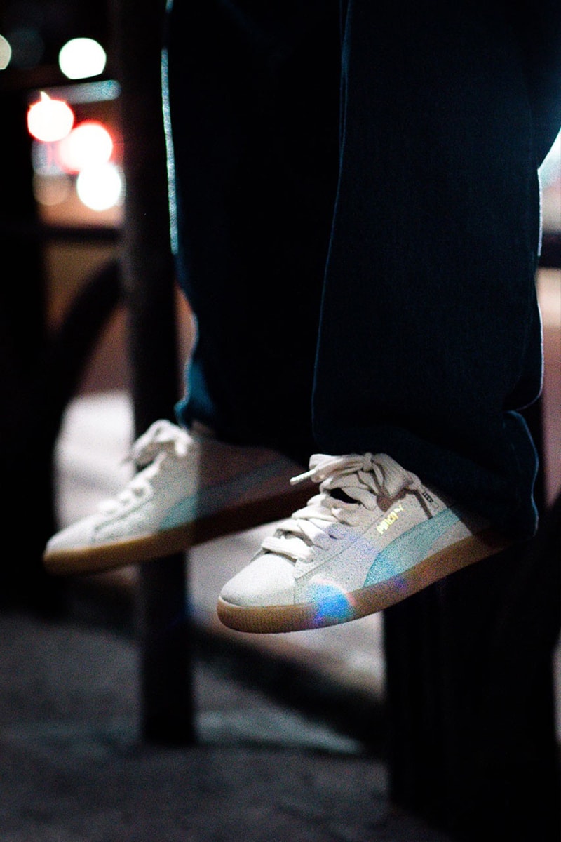 Diaspora Skateboards and atmos Ready Quilted Puma Suede VTG japan tokyo music skateboarding baby blue white stitch blue omotesando release info date price
