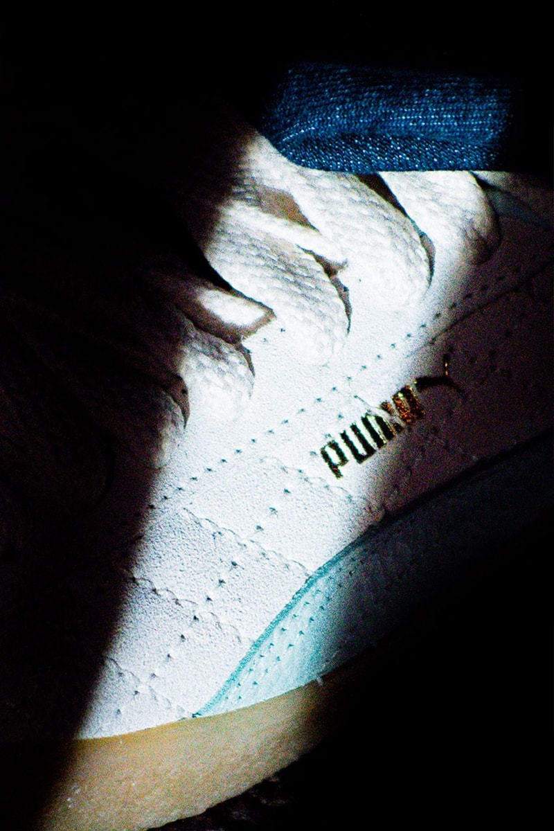 Diaspora Skateboards and atmos Ready Quilted Puma Suede VTG japan tokyo music skateboarding baby blue white stitch blue omotesando release info date price
