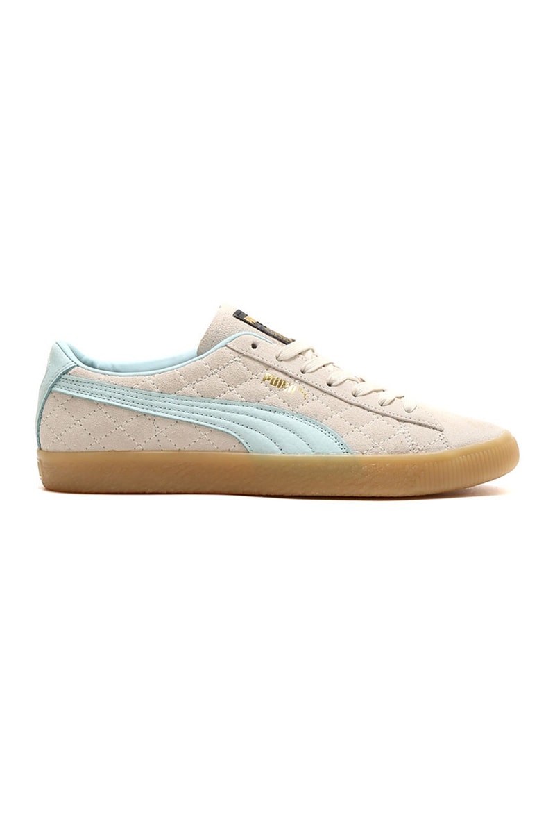 Diaspora Skateboards and atmos Ready Quilted Puma Suede VTG japan tokyo music skateboarding baby blue white stitch blue omotesando release info date price