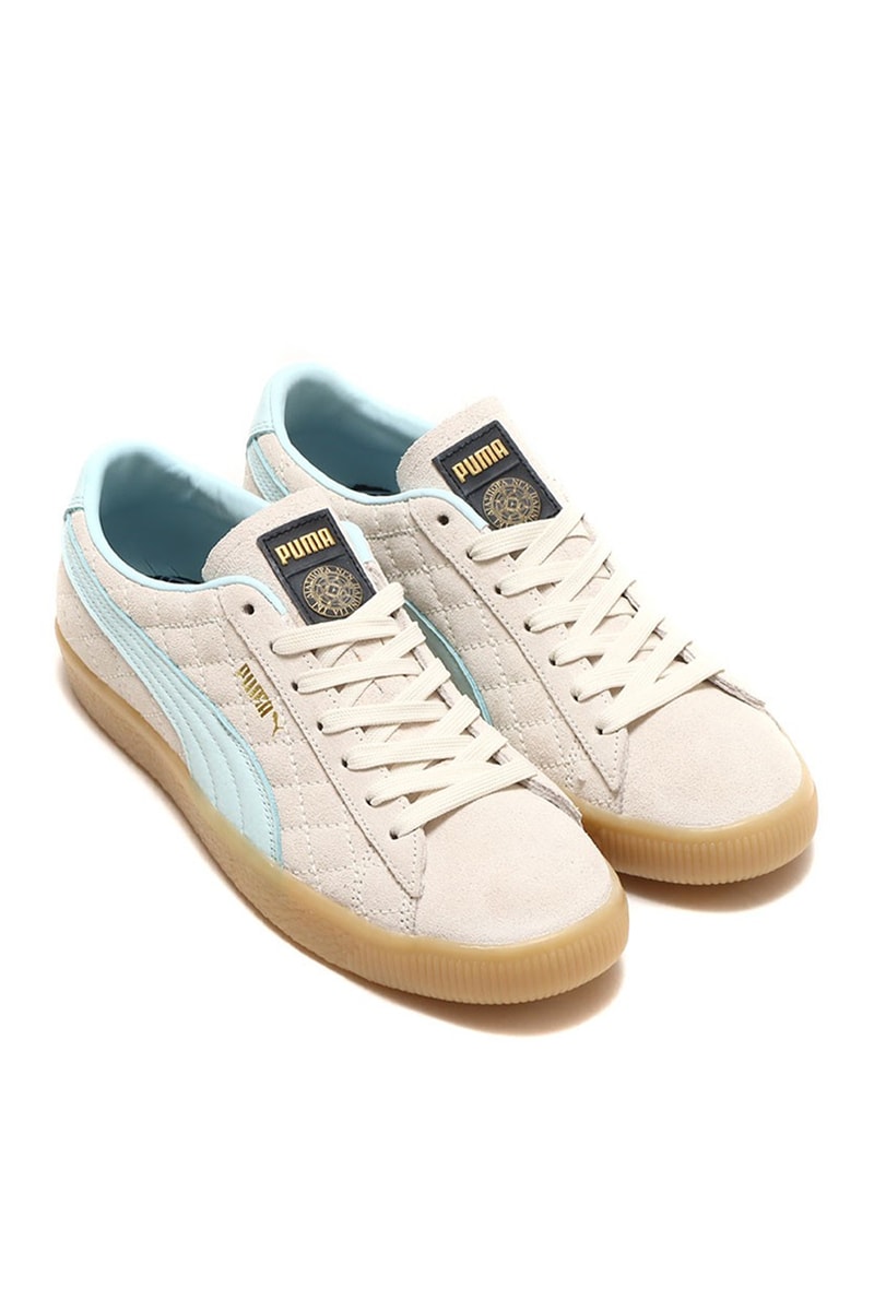 Diaspora Skateboards and atmos Ready Quilted Puma Suede VTG japan tokyo music skateboarding baby blue white stitch blue omotesando release info date price