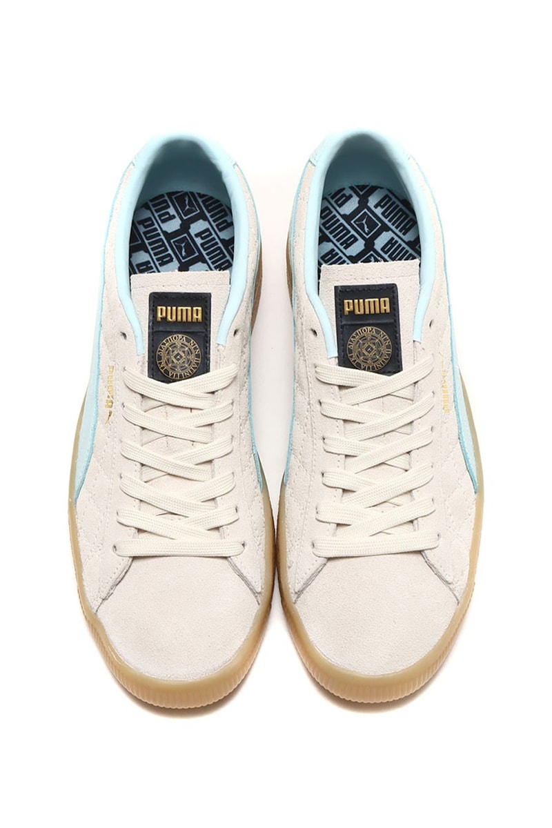 Diaspora Skateboards and atmos Ready Quilted Puma Suede VTG japan tokyo music skateboarding baby blue white stitch blue omotesando release info date price