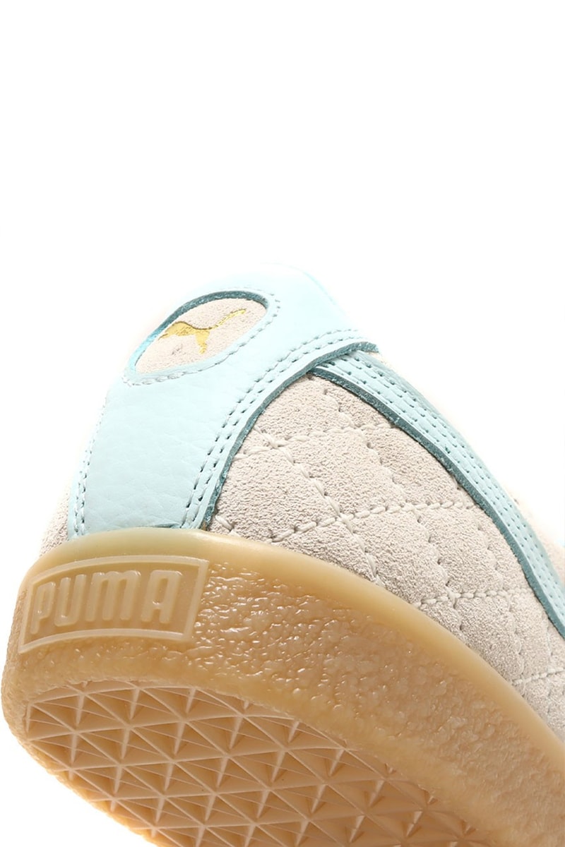Diaspora Skateboards and atmos Ready Quilted Puma Suede VTG japan tokyo music skateboarding baby blue white stitch blue omotesando release info date price