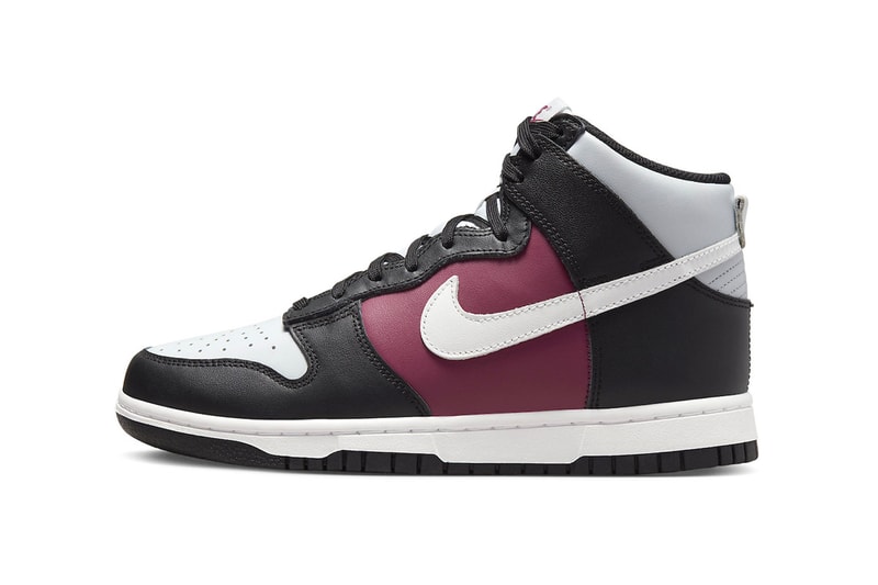 Nike Dunk High Arrives in New Black, White, Maroon Colorway DD1869-005 hightops shoes silhouette swoosh