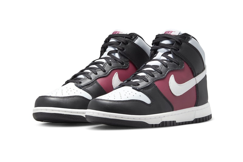 Nike Dunk High Arrives in New Black, White, Maroon Colorway DD1869-005 hightops shoes silhouette swoosh