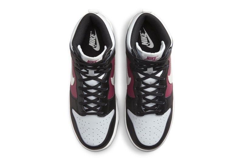 Nike Dunk High Arrives in New Black, White, Maroon Colorway DD1869-005 hightops shoes silhouette swoosh