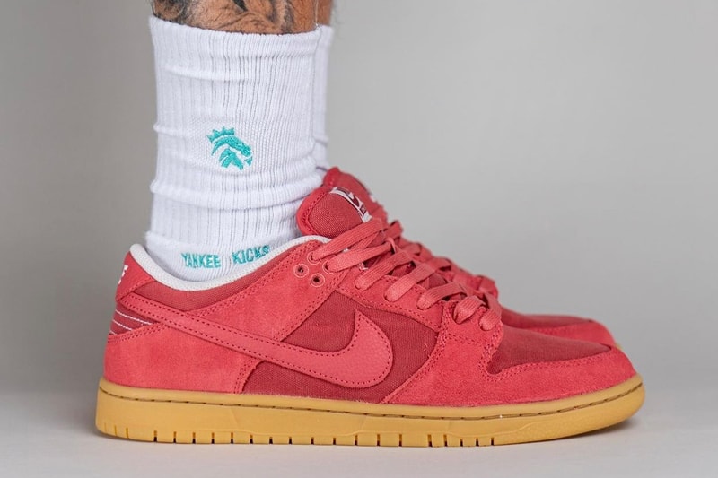 On-Feet Look at Nike SB Dunk Low "Adobe" DV5429-600 yankeekicks swoosh sneakers lowtops red gum suede canvas runners skate shoes gum