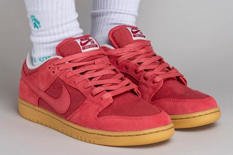 On-Feet Look at Nike SB Dunk Low "Adobe" DV5429-600 yankeekicks swoosh sneakers lowtops red gum suede canvas runners skate shoes gum
