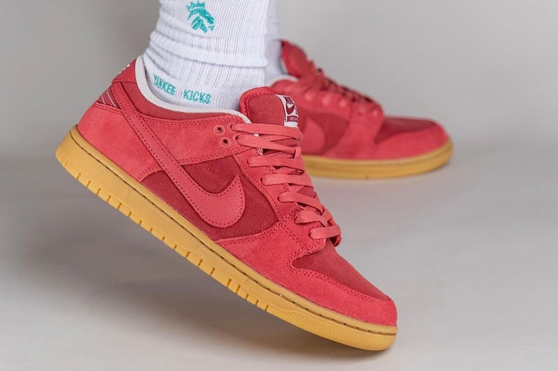On-Feet Look at Nike SB Dunk Low "Adobe" DV5429-600 yankeekicks swoosh sneakers lowtops red gum suede canvas runners skate shoes gum