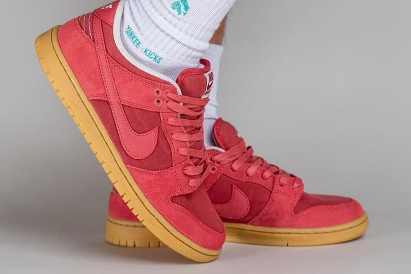 On-Feet Look at Nike SB Dunk Low "Adobe" DV5429-600 yankeekicks swoosh sneakers lowtops red gum suede canvas runners skate shoes gum