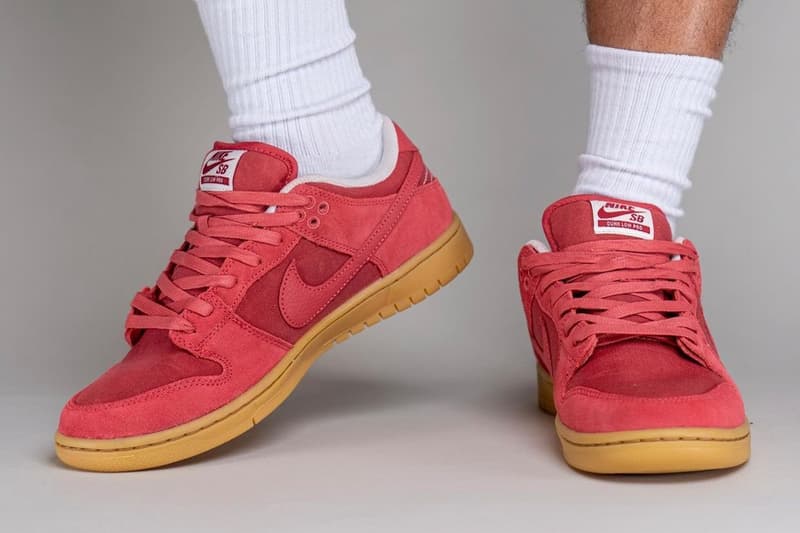 On-Feet Look at Nike SB Dunk Low "Adobe" DV5429-600 yankeekicks swoosh sneakers lowtops red gum suede canvas runners skate shoes gum