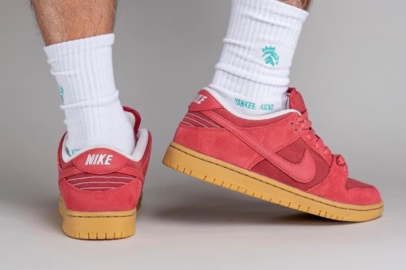 On-Feet Look at Nike SB Dunk Low "Adobe" DV5429-600 yankeekicks swoosh sneakers lowtops red gum suede canvas runners skate shoes gum