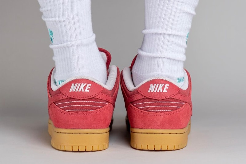 On-Feet Look at Nike SB Dunk Low "Adobe" DV5429-600 yankeekicks swoosh sneakers lowtops red gum suede canvas runners skate shoes gum