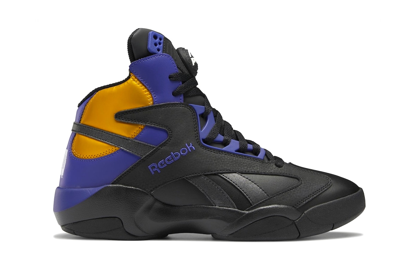 Reebok Shaq Attaq Lakers Release Info GY7127 Date Buy Price Core Black Bold Purple Collegiate Gold Los Angeles Shaquille O'Neal