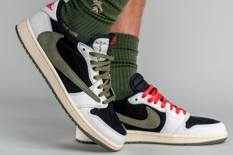 Travis Scott Air Jordan 1 Low OG WMNS Olive On-Foot Look Release Info DZ4137-106 Date Buy Price Sail University Red Black Medium Olive