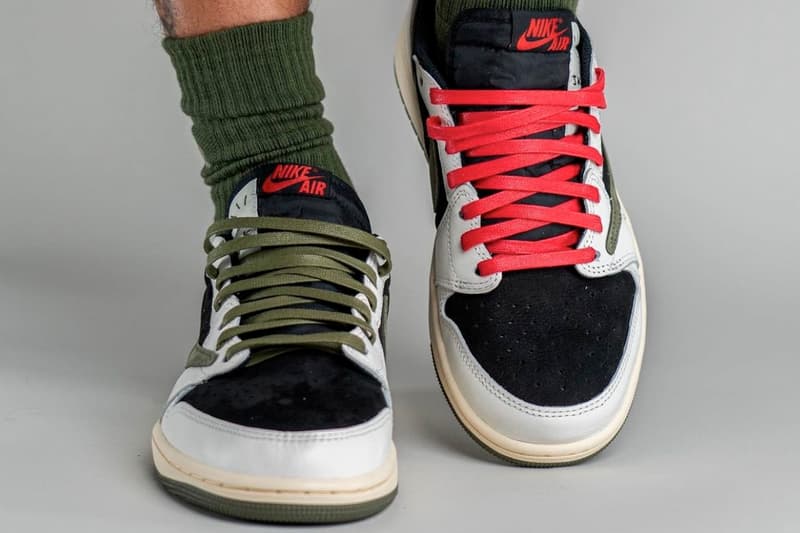 Travis Scott Air Jordan 1 Low OG WMNS Olive On-Foot Look Release Info DZ4137-106 Date Buy Price Sail University Red Black Medium Olive