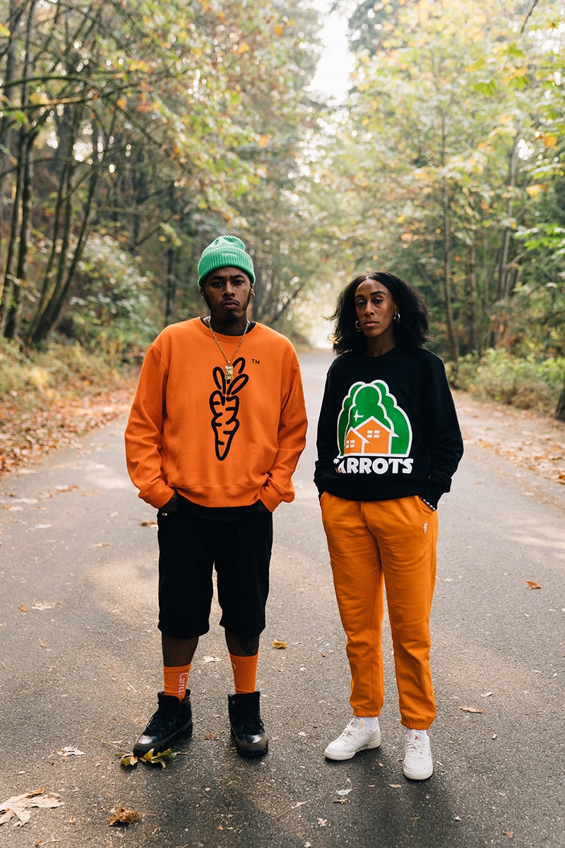 Arvin Goods and Carrots Recycled Material Collection socks, beanies, green, orange, black, white, cream
