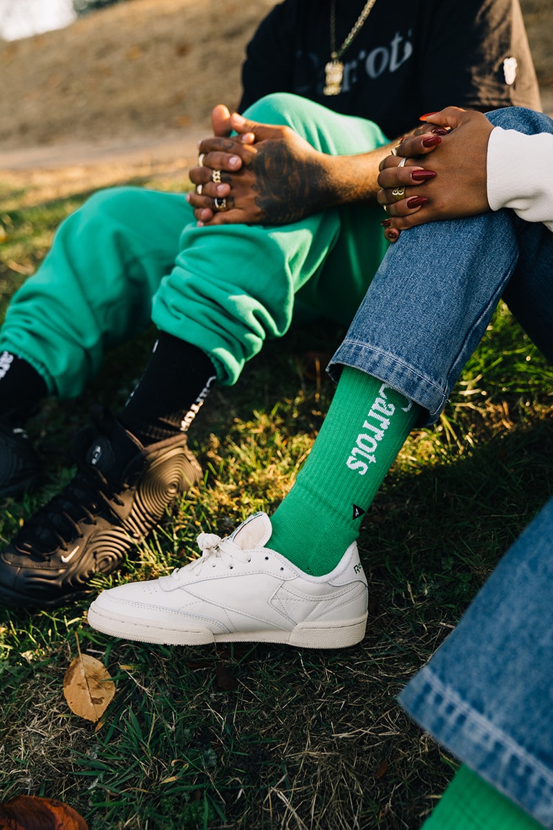 Arvin Goods and Carrots Recycled Material Collection socks, beanies, green, orange, black, white, cream