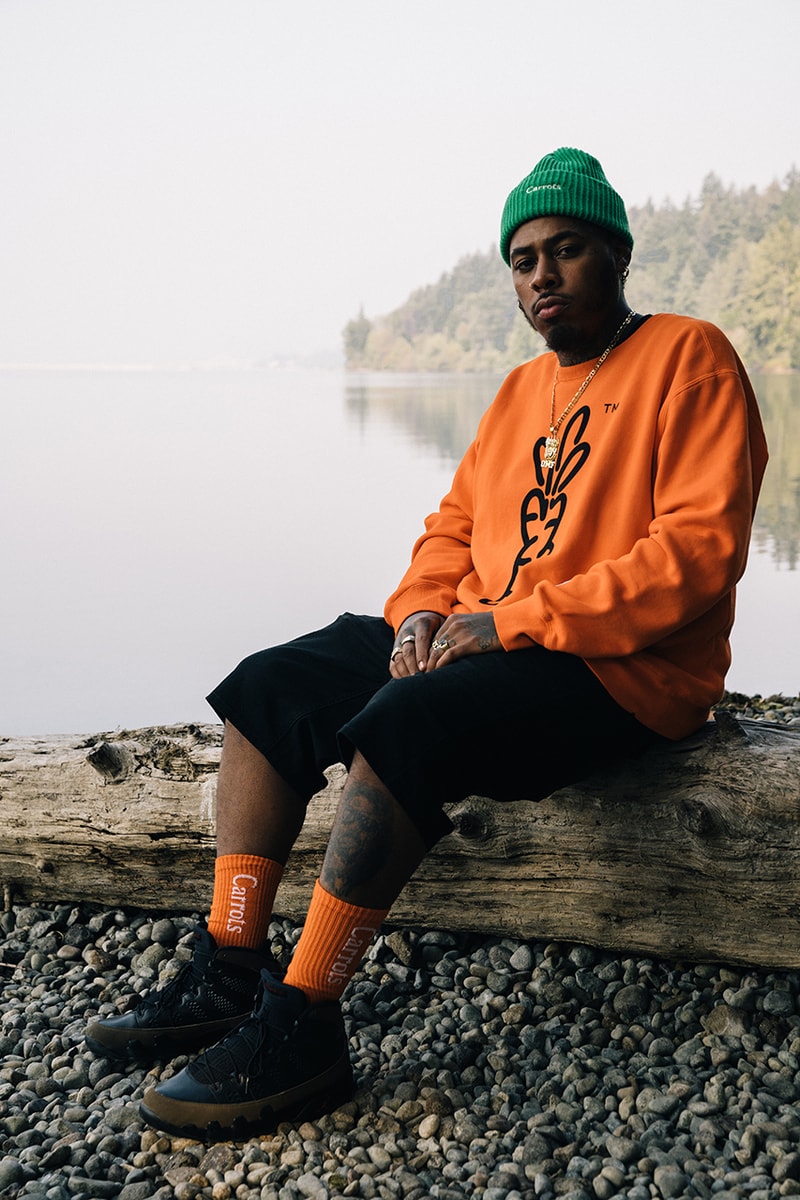 Arvin Goods and Carrots Recycled Material Collection socks, beanies, green, orange, black, white, cream
