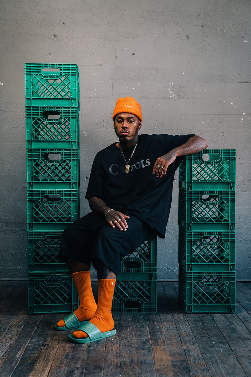 Arvin Goods and Carrots Recycled Material Collection socks, beanies, green, orange, black, white, cream