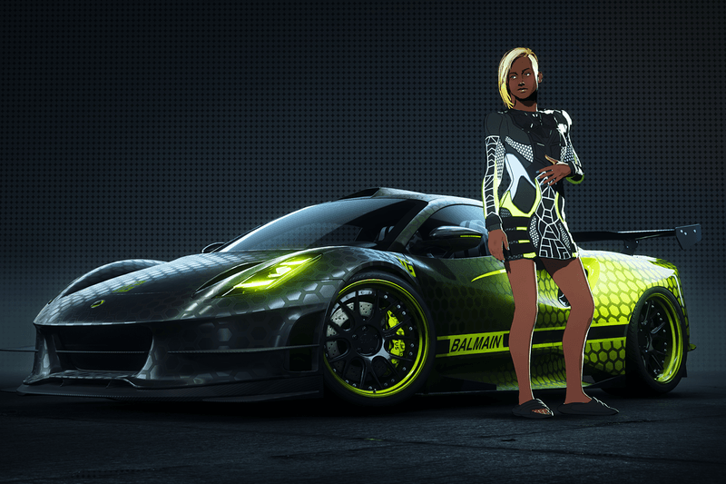 Balmain x 'Need for Speed Unbound' Custom Content Dress Car Liveries B-IT Slider Olivier Rousteing Fall 2022 Game Gaming Racing