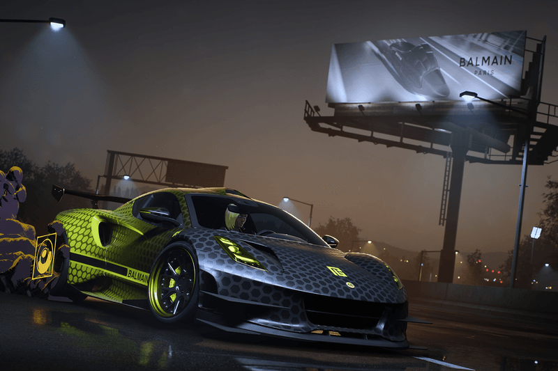 Balmain x 'Need for Speed Unbound' Custom Content Dress Car Liveries B-IT Slider Olivier Rousteing Fall 2022 Game Gaming Racing