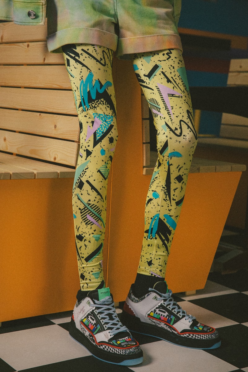 Balmain stranger things bright 80s prints jazzercise workout garments netflix tights knit hoodies jeans b-court sneakers
