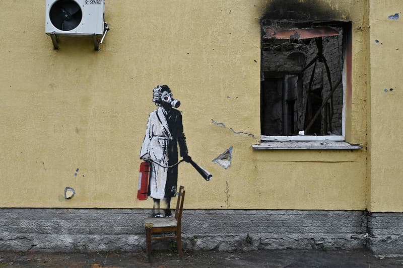 Banksy Confirms Seven New Murals in Ukraine kyiv Borodyanka irpin vladimir judo world taekwondo black belt putin gymnast ballerina rusian military vehicle
