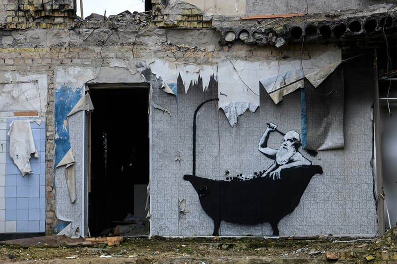 Banksy Confirms Seven New Murals in Ukraine kyiv Borodyanka irpin vladimir judo world taekwondo black belt putin gymnast ballerina rusian military vehicle