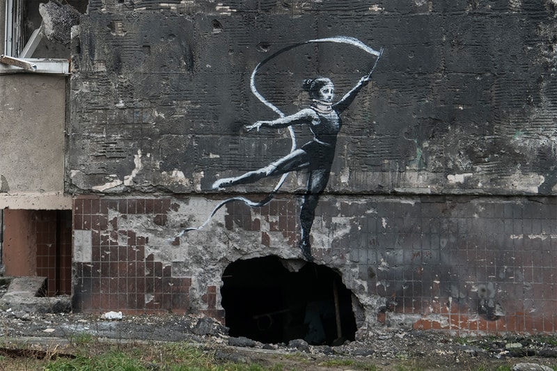 Banksy Confirms Seven New Murals in Ukraine kyiv Borodyanka irpin vladimir judo world taekwondo black belt putin gymnast ballerina rusian military vehicle