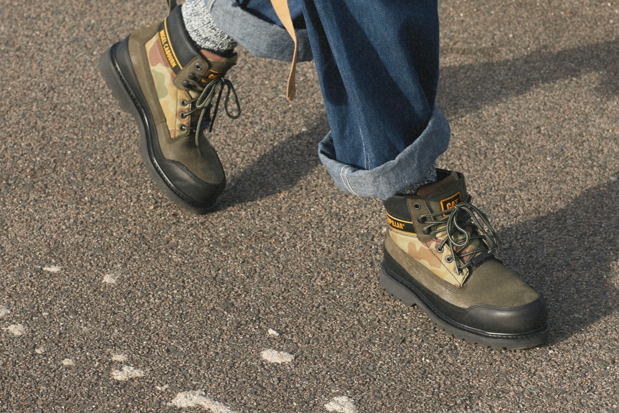 CAT Footwear x Nigel Cabourn Utah Omaha Boots Collab green black military army navy workwear footwear utilitarian camo vintage
