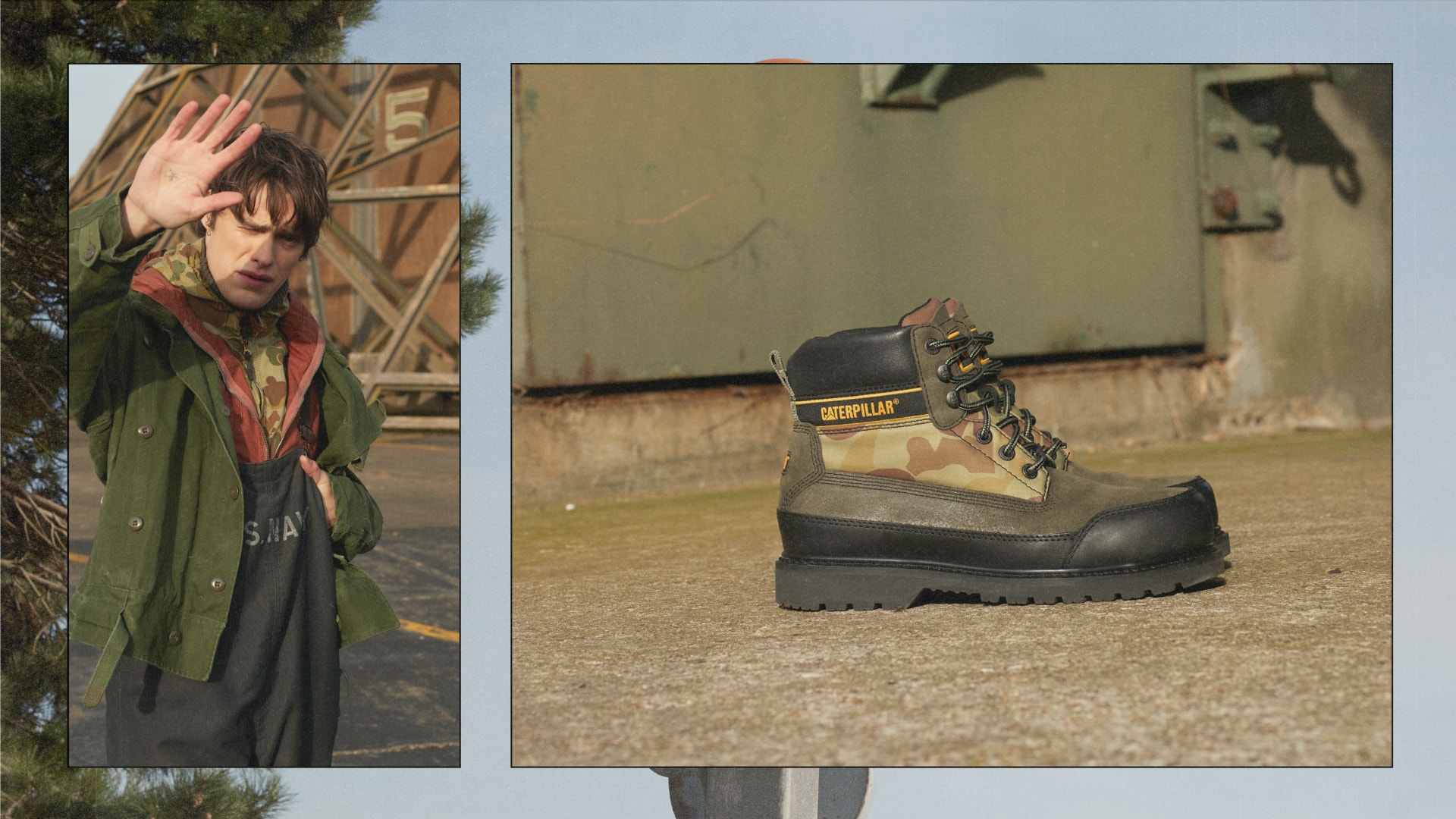 CAT Footwear x Nigel Cabourn Utah Omaha Boots Collab green black military army navy workwear footwear utilitarian camo vintage 
