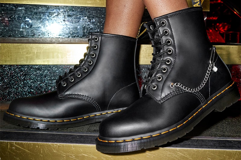 Dr Martens 1460 embellished crystals swarovski 8 eye safety pin chain black welt release info date price