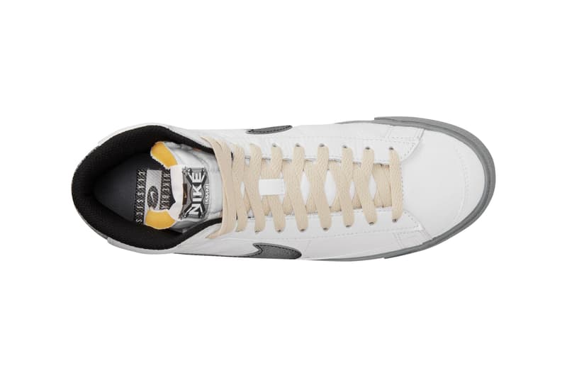 Nike Air Force 1 Low Blazer Mid white smoke grey gold Classics Pack parental advisory insoles cassette tape gold microphone hangtag records mixtapes release date info price