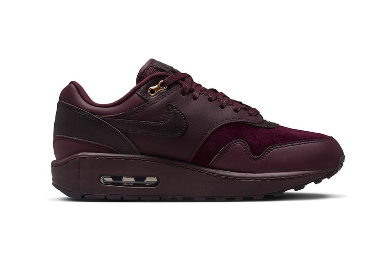 Nike Air Max 1 Surfaces in "Burgundy Crush" DV3888-600 november release ate shoes leather plush velvet