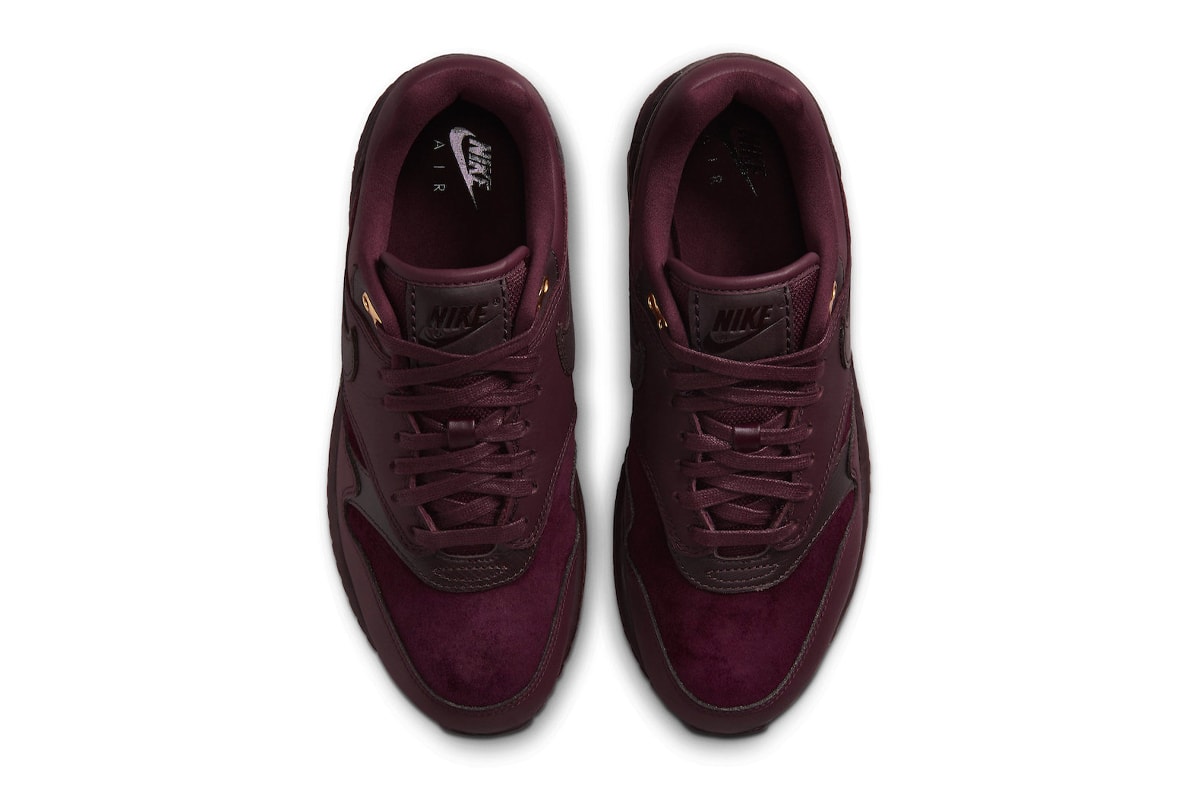 Nike Air Max 1 Surfaces in "Burgundy Crush" DV3888-600 november release ate shoes leather plush velvet