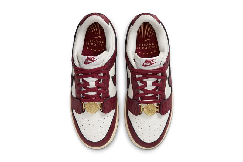 burgundy and yellow dunks