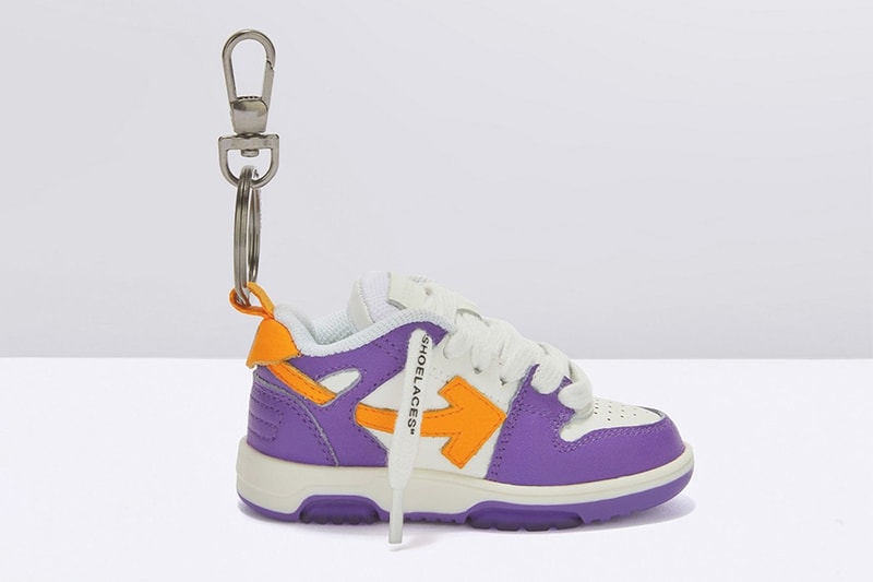 off white out of office keychain sneaker tiny purple yellow shoelaces pink white black white sky blue release info date price