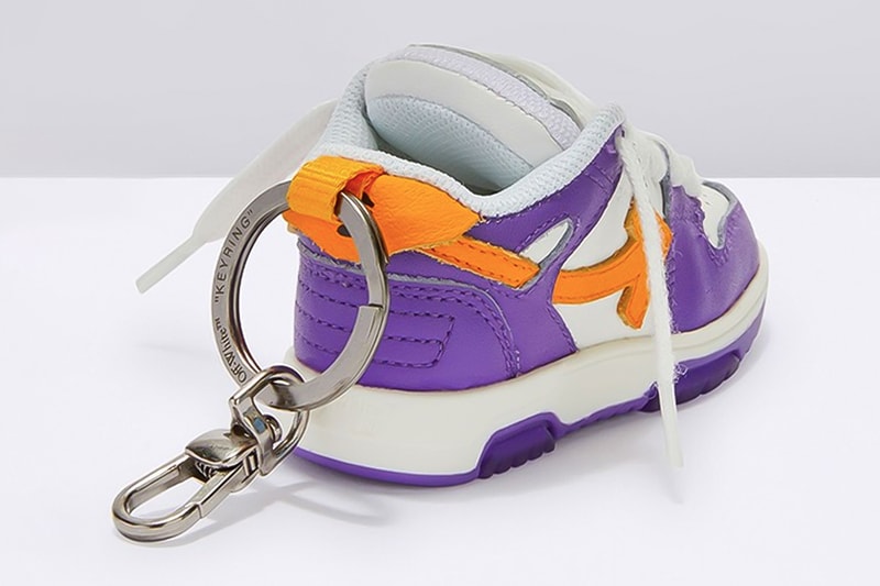 off white out of office keychain sneaker tiny purple yellow shoelaces pink white black white sky blue release info date price