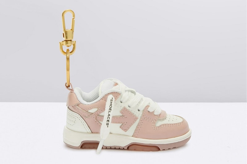 off white out of office keychain sneaker tiny purple yellow shoelaces pink white black white sky blue release info date price