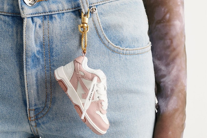 off white out of office keychain sneaker tiny purple yellow shoelaces pink white black white sky blue release info date price