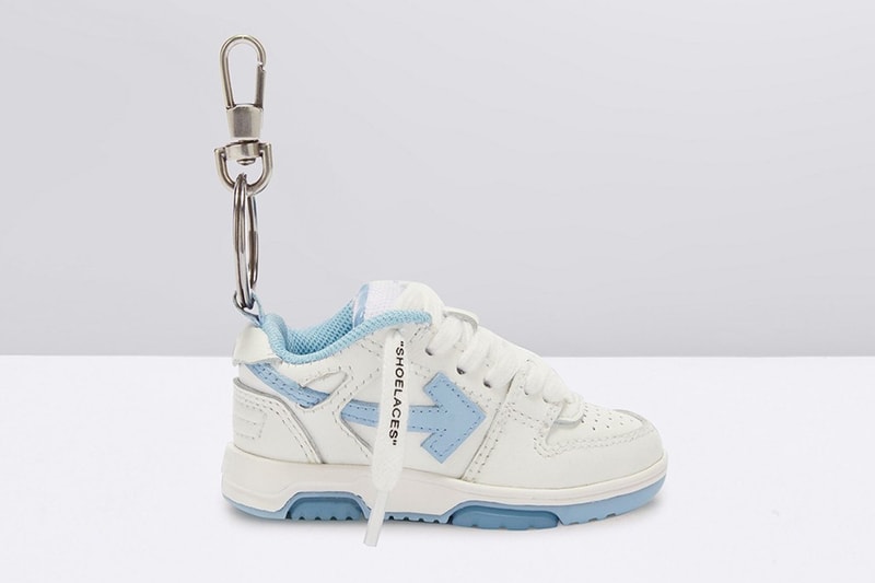 off white out of office keychain sneaker tiny purple yellow shoelaces pink white black white sky blue release info date price